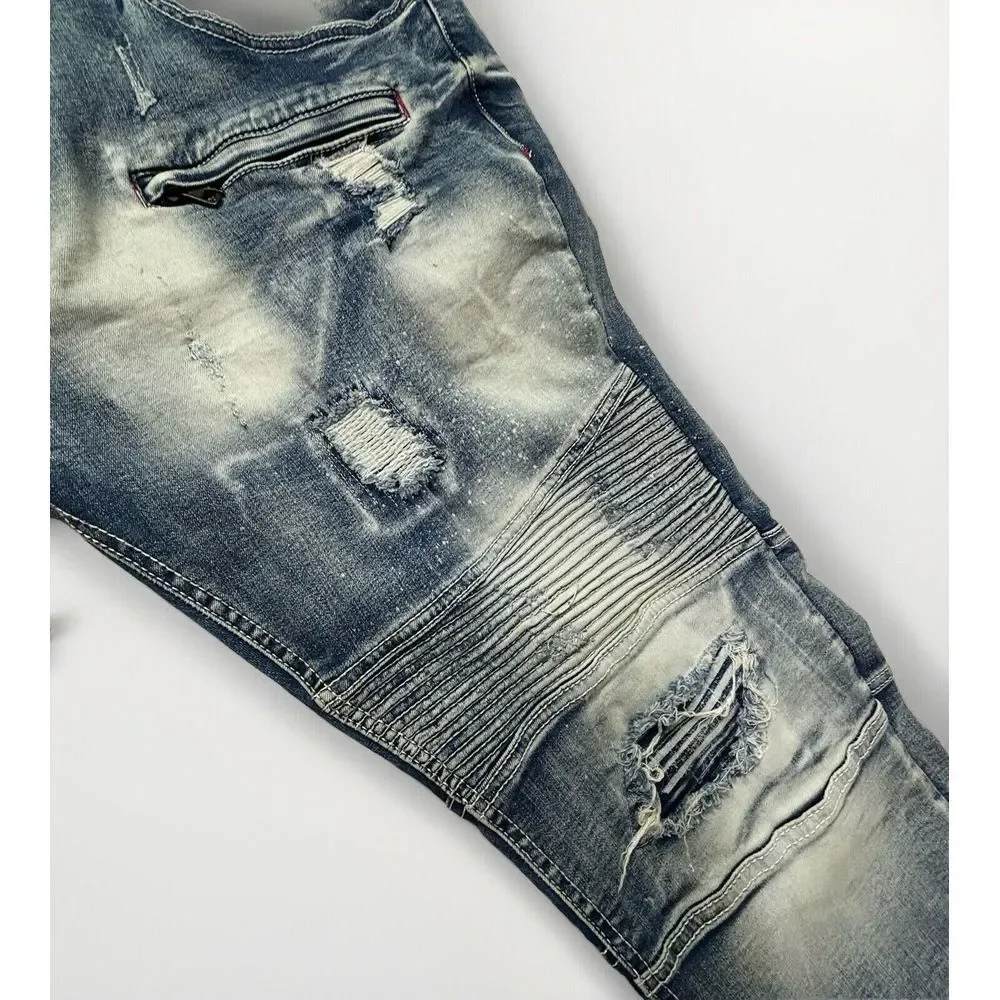 MAKOBI‎ Alki Biker Jeans Mens 44X32 M1757 Vintage Light Wash Moto Distressed NWT